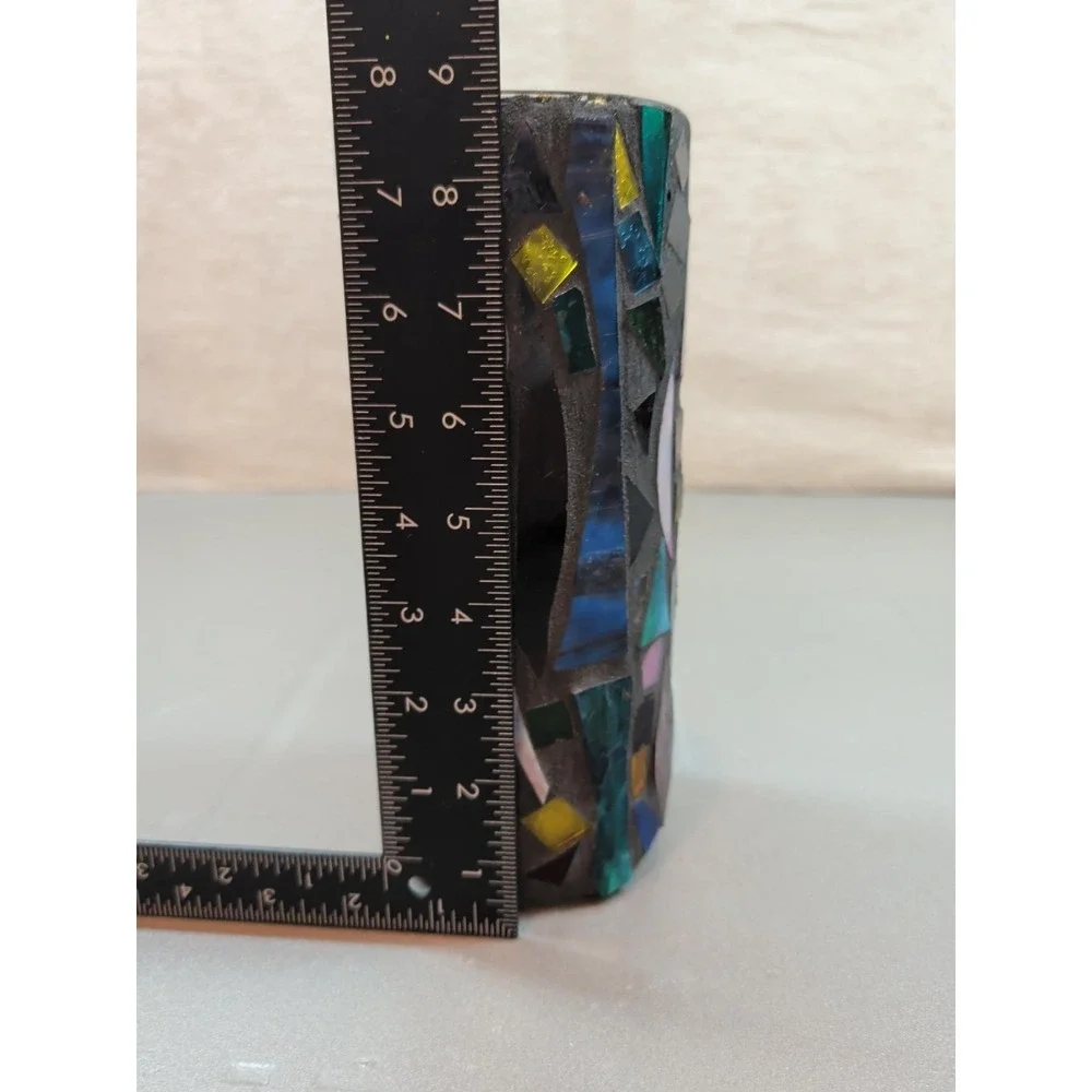 Designs by Annie Vintage Mosaic Glass Vase Handmade Multicolor Cylinder 9 inch